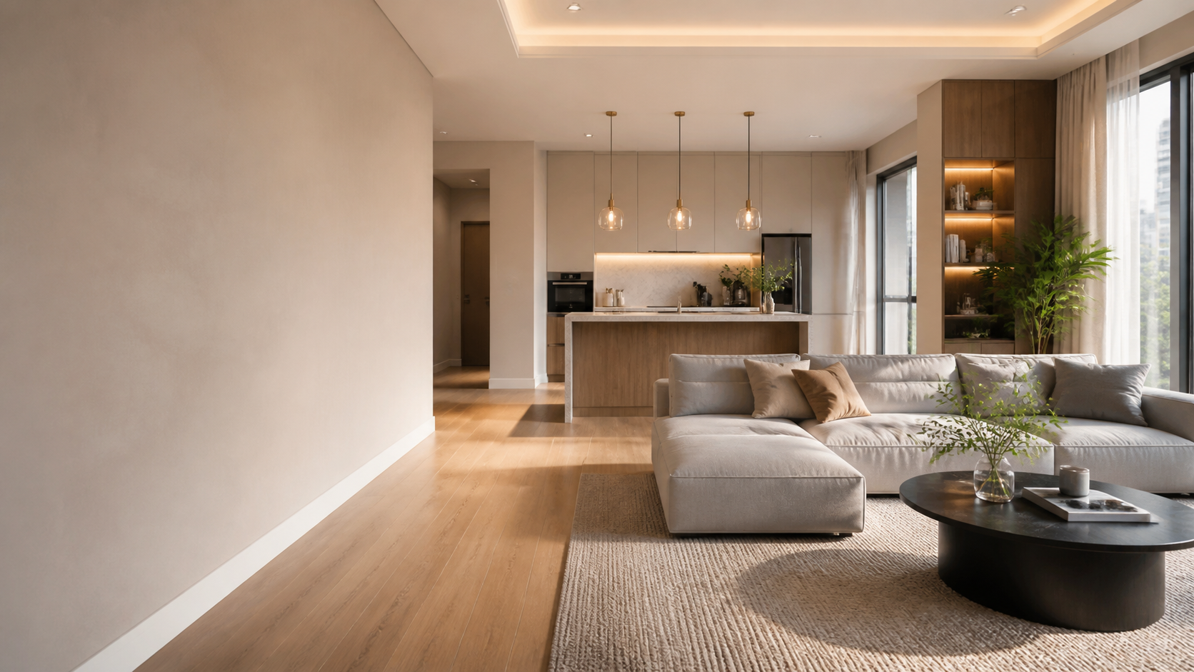 Modern renovated home interior with living room and kitchen